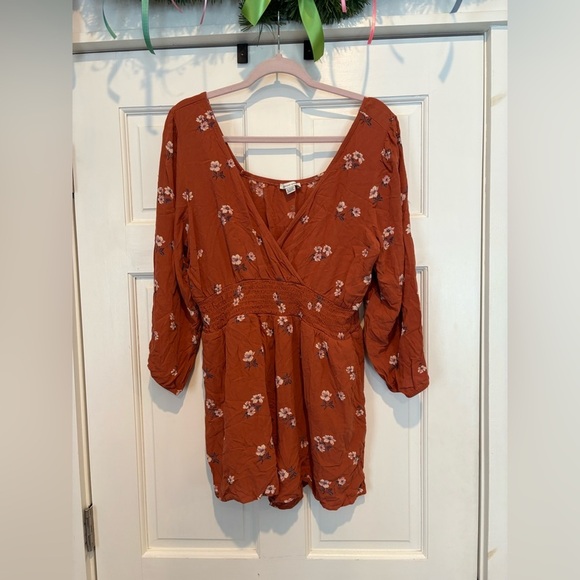 American Eagle Outfitters Pants - American Eagle Burnt Orange Long Sleeve Romper with Floral Print